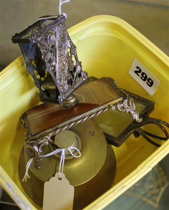 Naval desk compass and match box stand, gilt metal and onyx dish